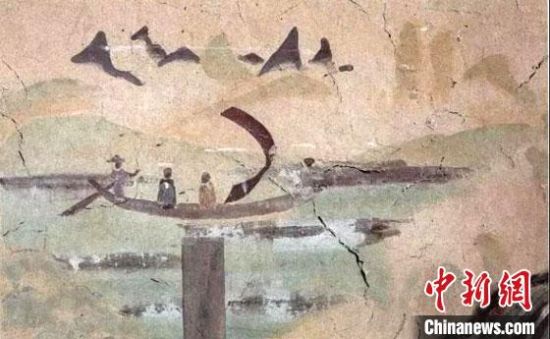 “一人搖櫓晃扁舟，兩人撐篙水上漂?！眻D為莫高窟第323窟《搖櫓帆船》（初唐）?！《鼗脱芯吭汗﹫D