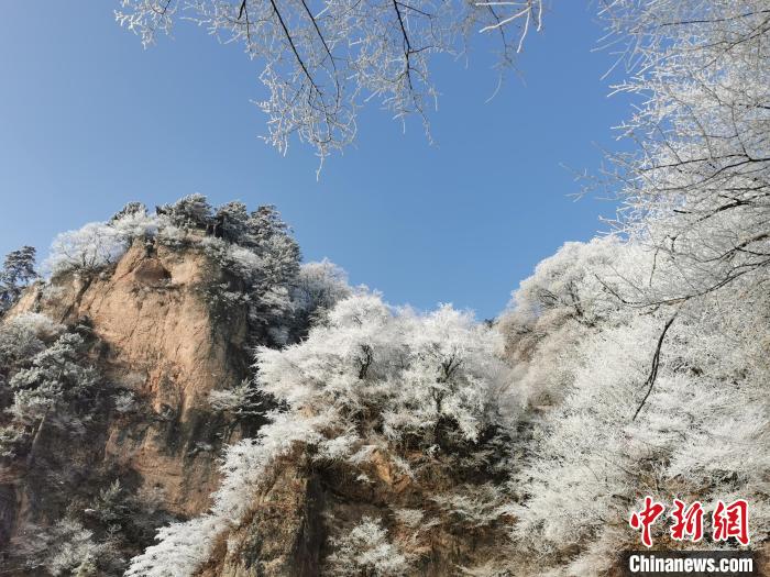 圖為藍(lán)天下霧凇籠罩山脈?！⌒煺袢A 攝
